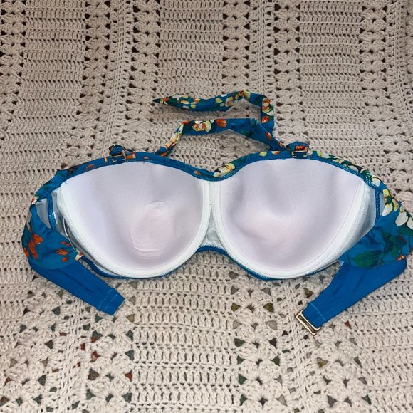 Lands End Blue Molded Cup Halter Bikini Top w/Tropical Floral Ruffle Size 14 D - Picture 6 of 8